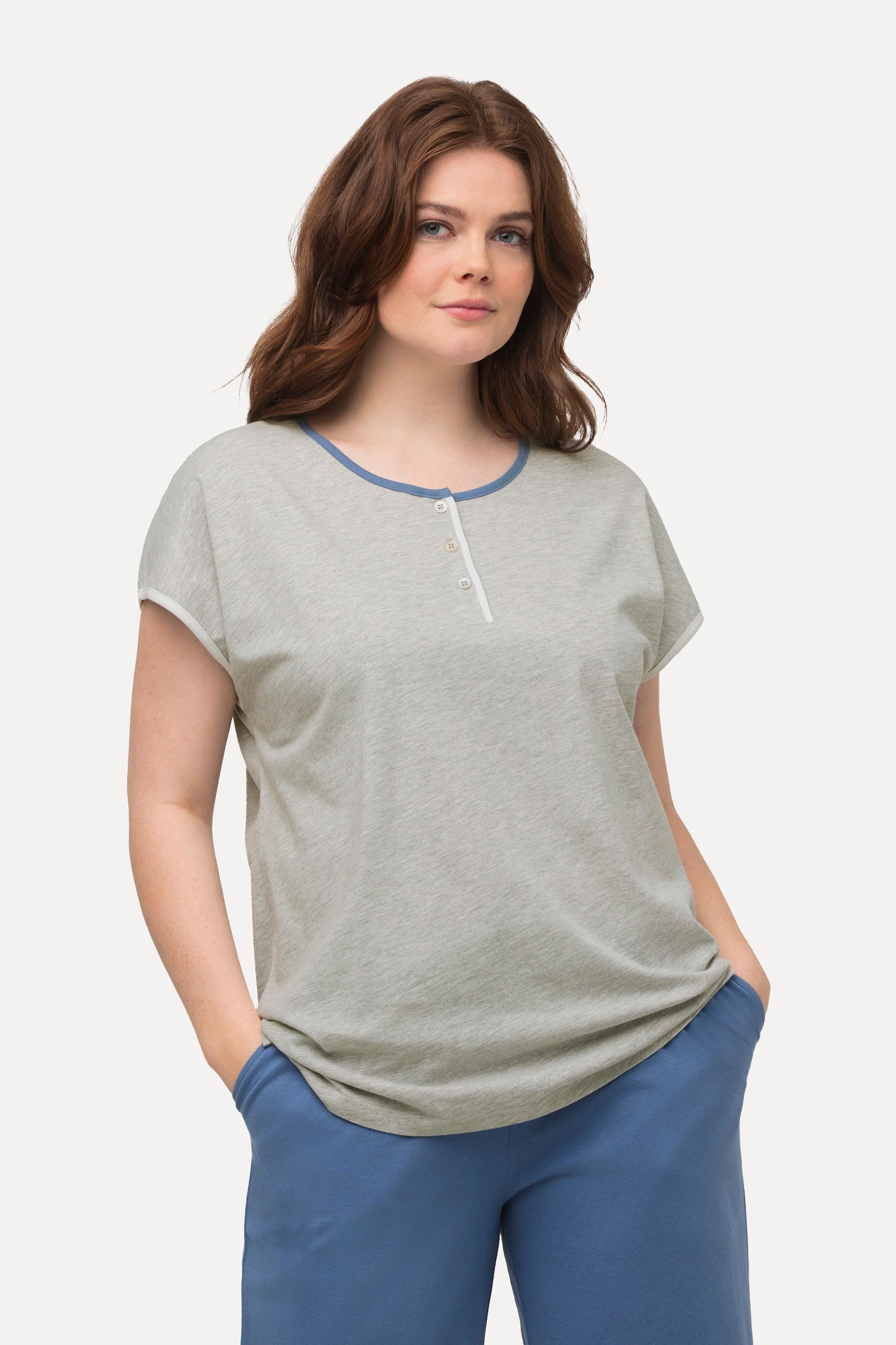 Ulla Popken Maglietta pigiama girocollo mezze maniche cotone biologico con pistagna  