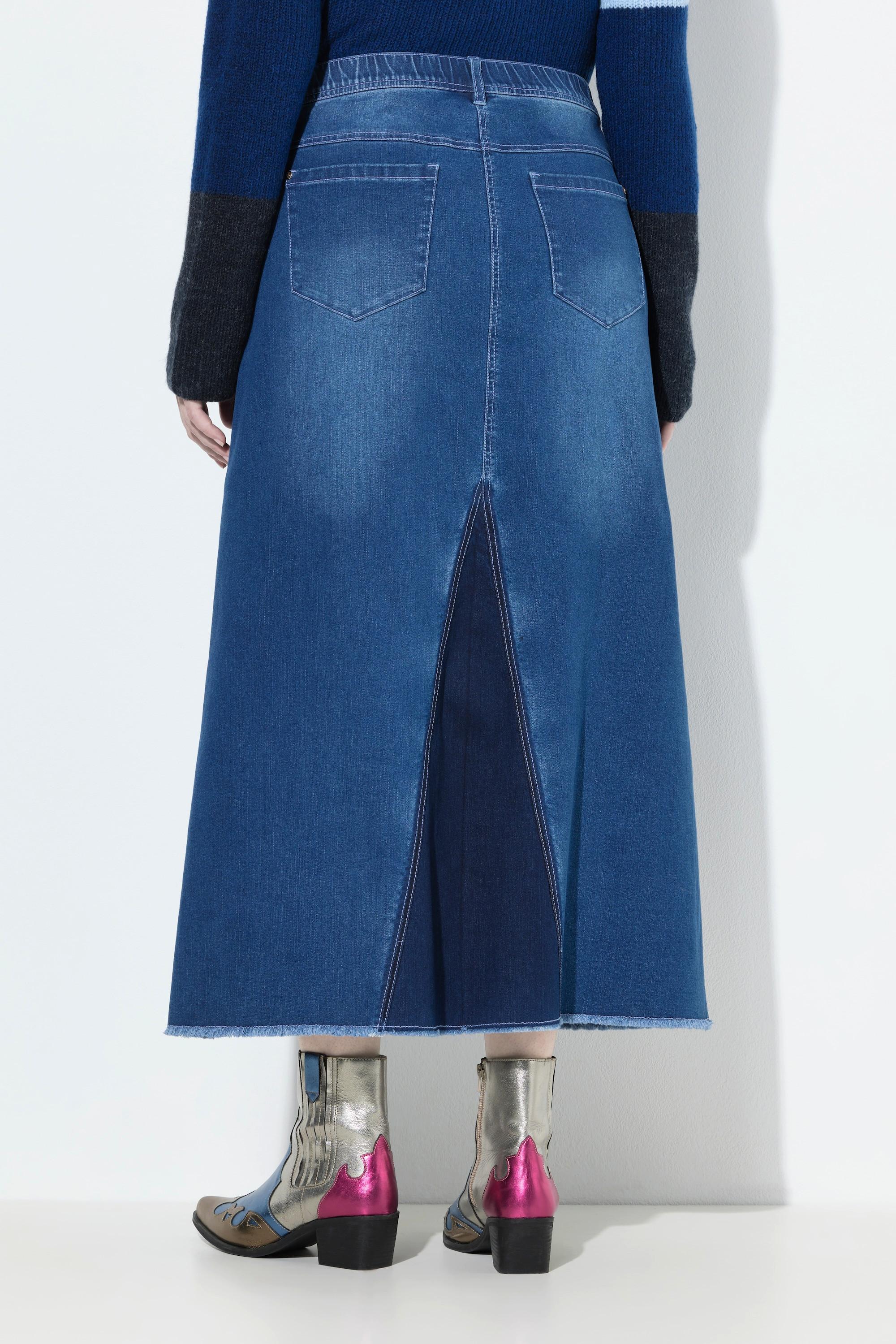 Ulla Popken Jupe en jean coupe évasée avec ourlet frangé  