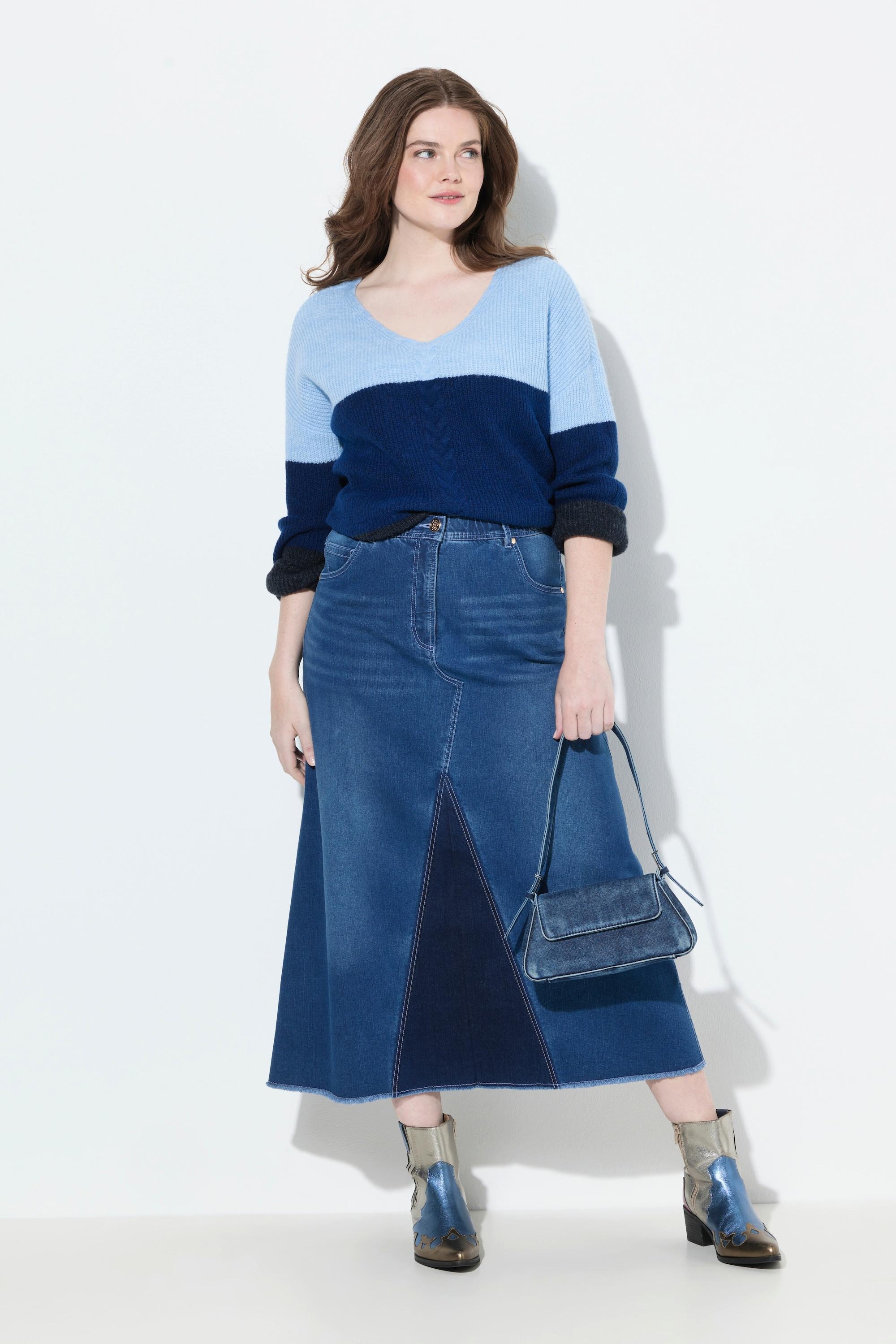 Ulla Popken Jupe en jean coupe évasée avec ourlet frangé  