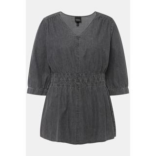 Ulla Popken  Blusa di jeans dal taglio svasato con cucitura trasversale, scollo a V e maniche a 3/4 