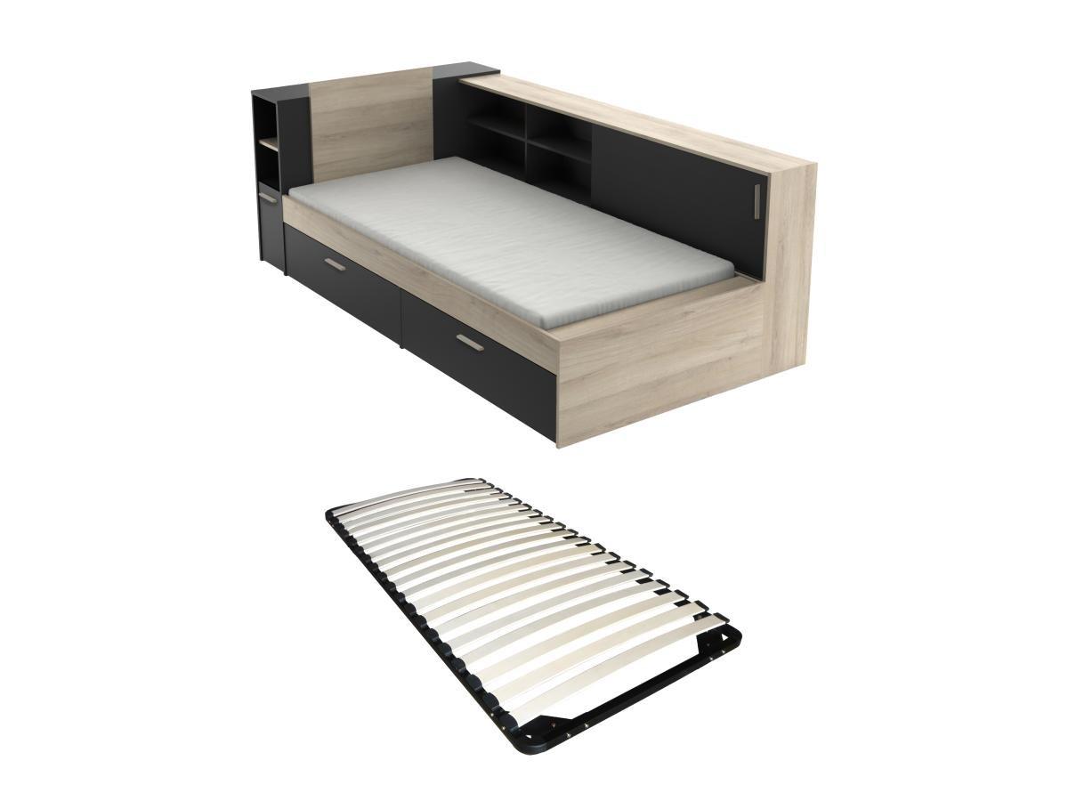 Vente-unique Letto Con vani portaoggetti 90 x 200 cm Nero e Naturale + Rete - LIARA  