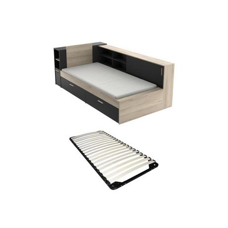 Vente-unique Letto Con vani portaoggetti 90 x 200 cm Nero e Naturale + Rete - LIARA  