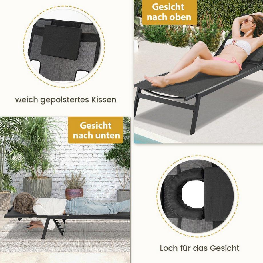 Northix Sonnenliege mit Gesichtsöffnung Gartenliege mit 5-Fach Verstellbarer Rückenlehne Schwarz  