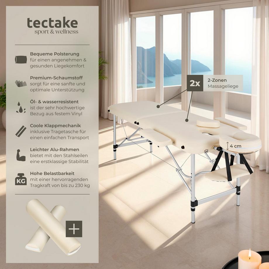 Tectake 2 Zonen Massageliege mit Polsterung, Massagerollen und Aluminiumgestell  
