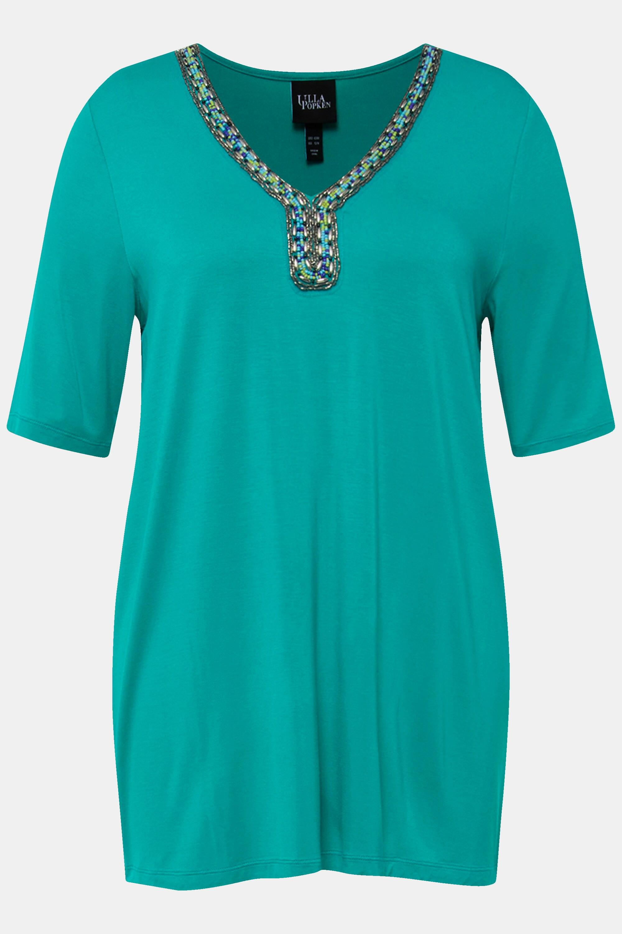 Ulla Popken T-shirt Perline Scollo a Tunica Mezza Manica Taglio Svasato  