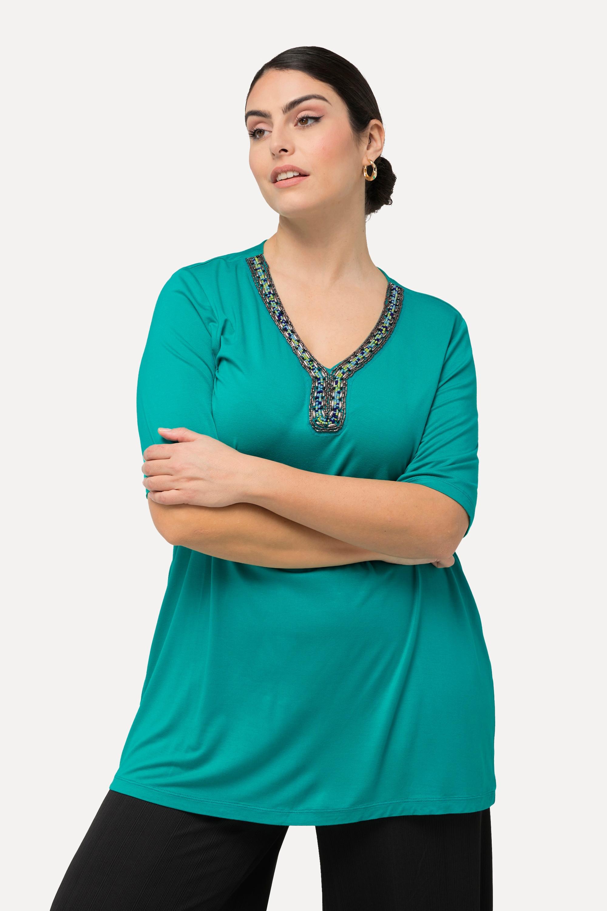 Ulla Popken T-shirt Perline Scollo a Tunica Mezza Manica Taglio Svasato  