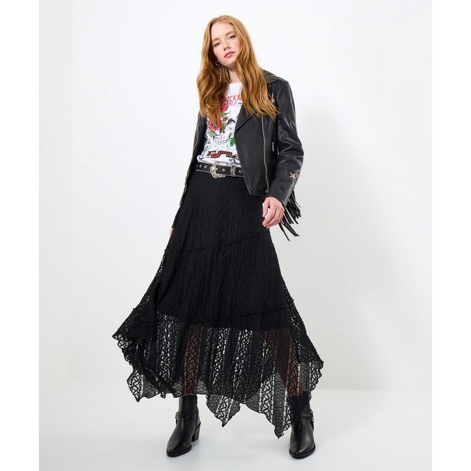 Schwarzer Spitzen-Maxirock mit High-Low-Saum