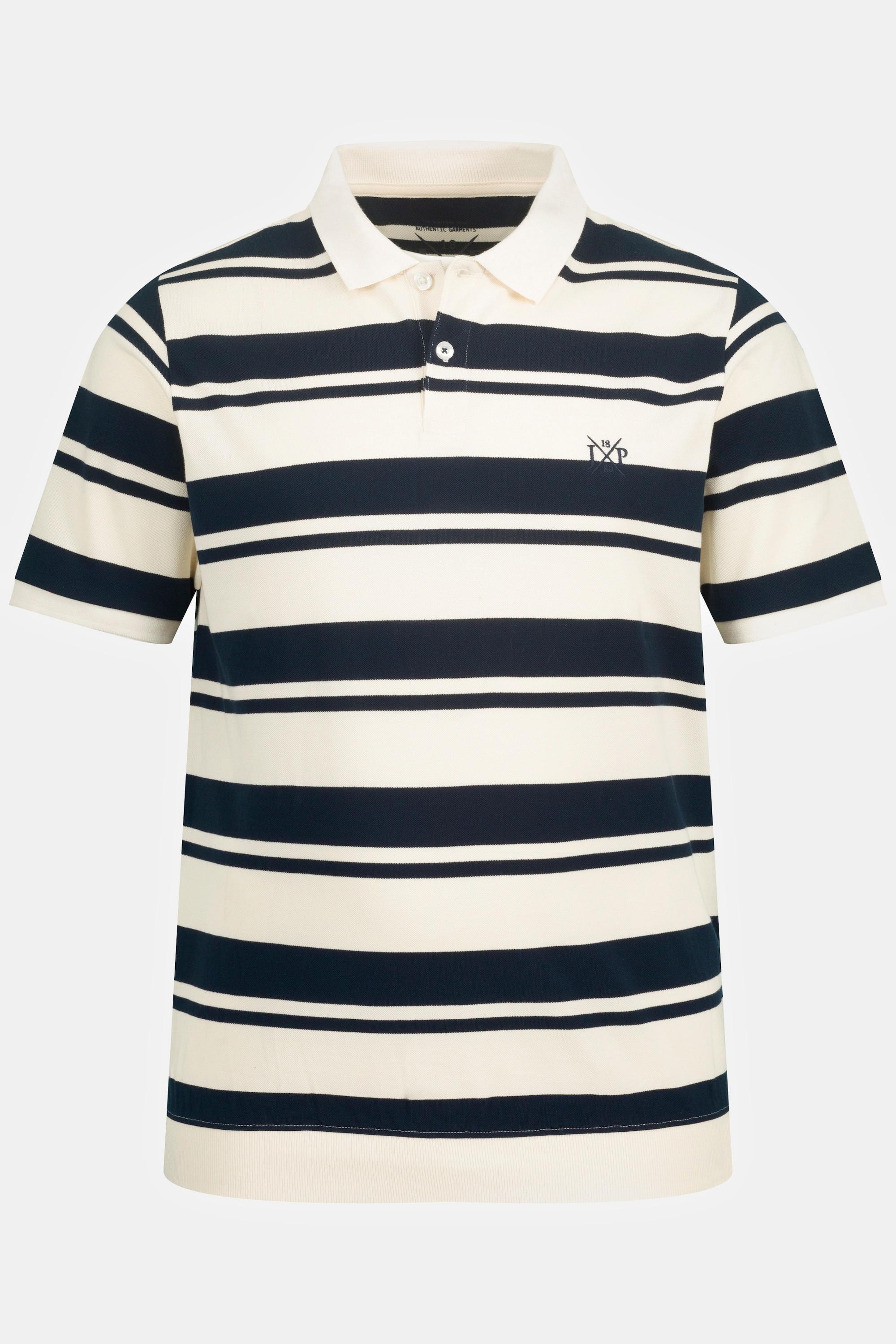 JP1880  Maglietta polo in piqué a righe con taglio speciale per l'addome e mezze maniche blu scuro 