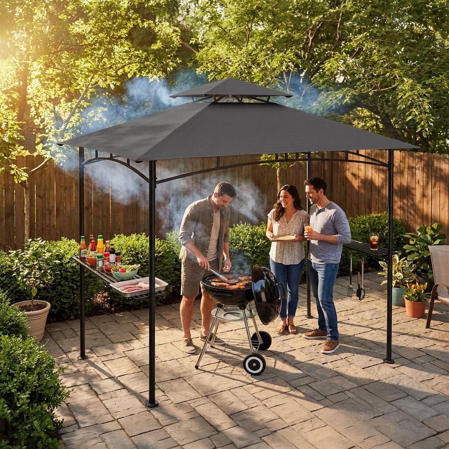 Tectake Grillpavillon Maracaibo wetterfest mit UV-Schutz Doppeldachsystem, Flaschenöffner am Gestell  