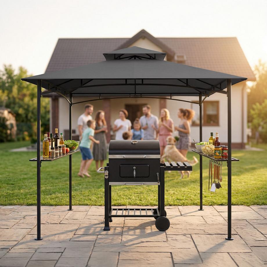 Tectake Grillpavillon Maracaibo wetterfest mit UV-Schutz Doppeldachsystem, Flaschenöffner am Gestell  