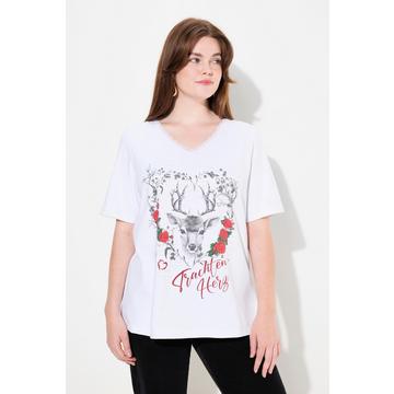 T-shirt classica con cuore in tradizionale stile Tracht, scollo a V con pizzo e mezze maniche