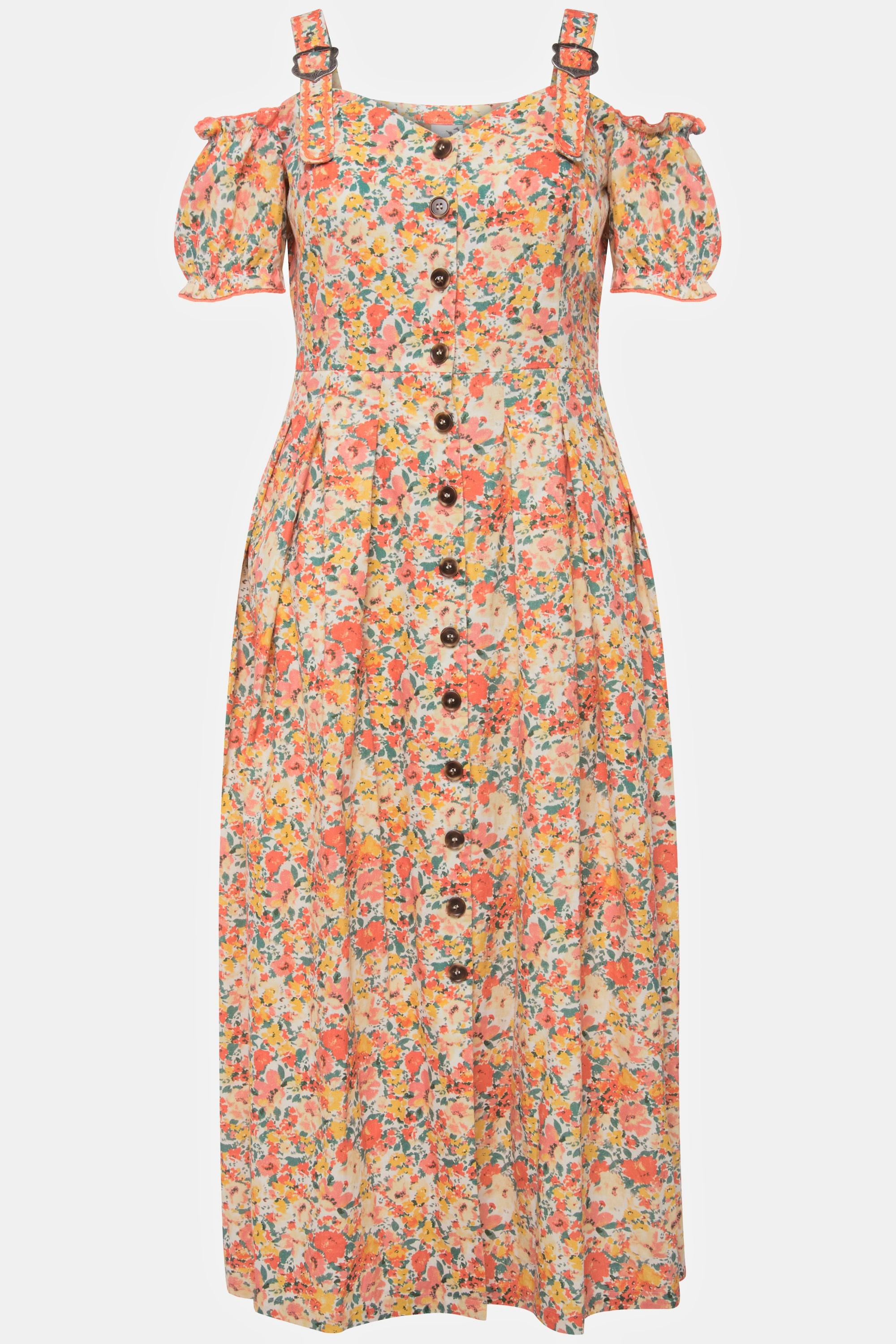 Ulla Popken  Robe en lin mélangé. Tenue traditionnelle bavaroise. Manches courtes et décolleté en forme de cœur. Imprimé floral. 