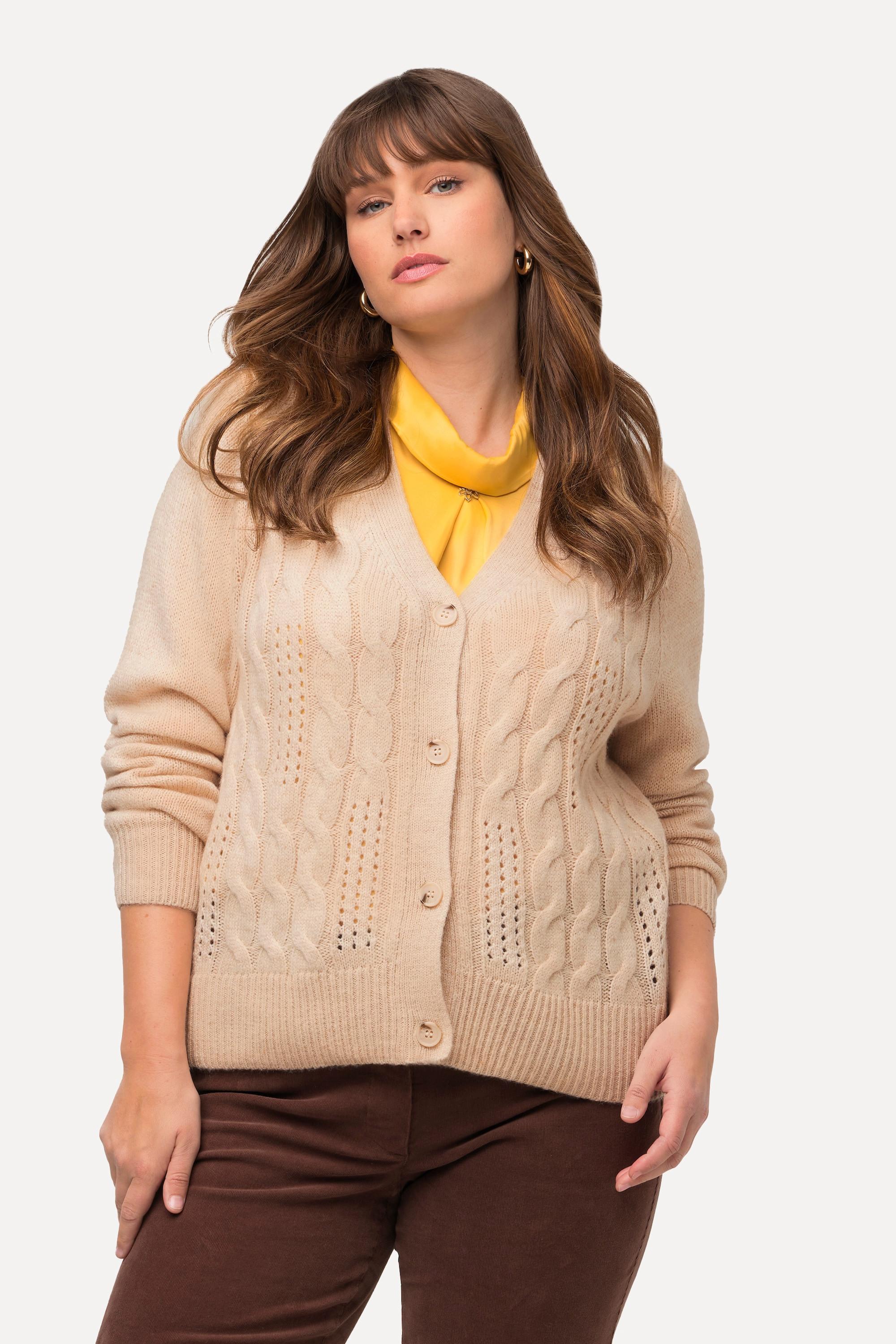 Ulla Popken  Cardigan à col V et patte de boutonnage, motif torsadé 