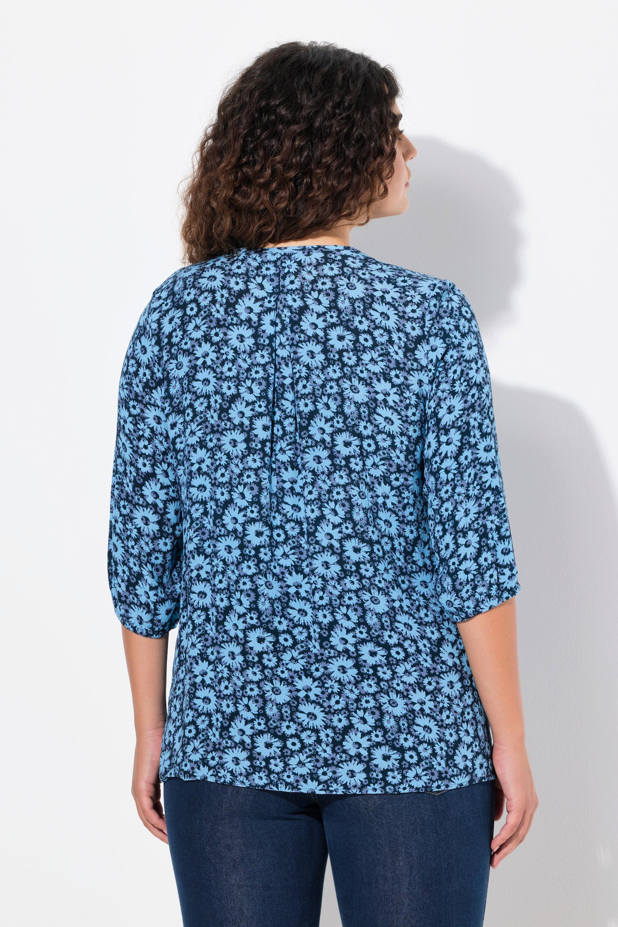 Ulla Popken  Blusa a punto smock con fiori, scollo a girocollo, laccetto e maniche a 3/4 