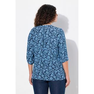 Ulla Popken  Blusa a punto smock con fiori, scollo a girocollo, laccetto e maniche a 3/4 