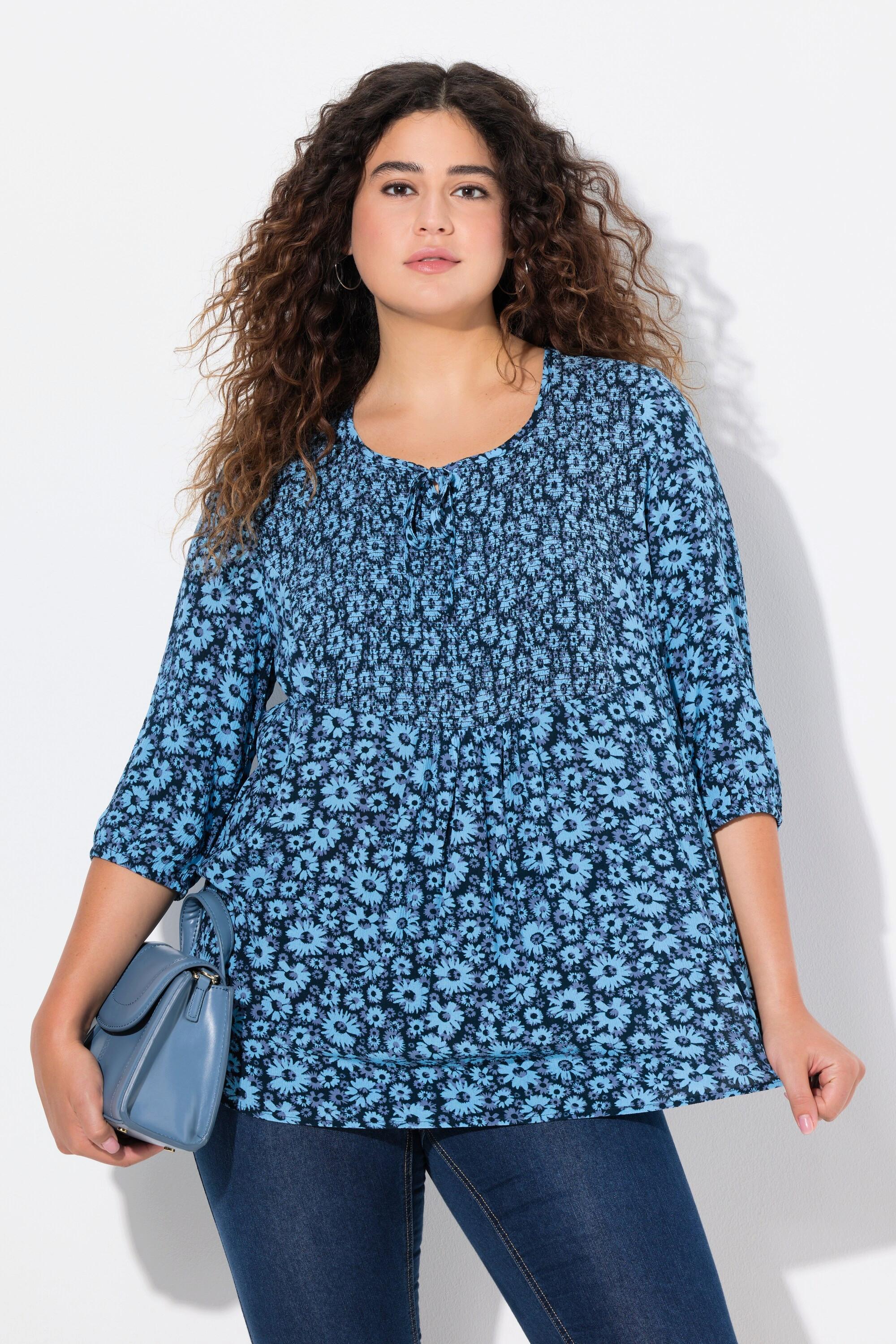 Ulla Popken  Blusa a punto smock con fiori, scollo a girocollo, laccetto e maniche a 3/4 