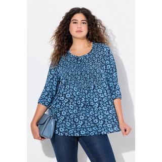 Ulla Popken  Blusa a punto smock con fiori, scollo a girocollo, laccetto e maniche a 3/4 