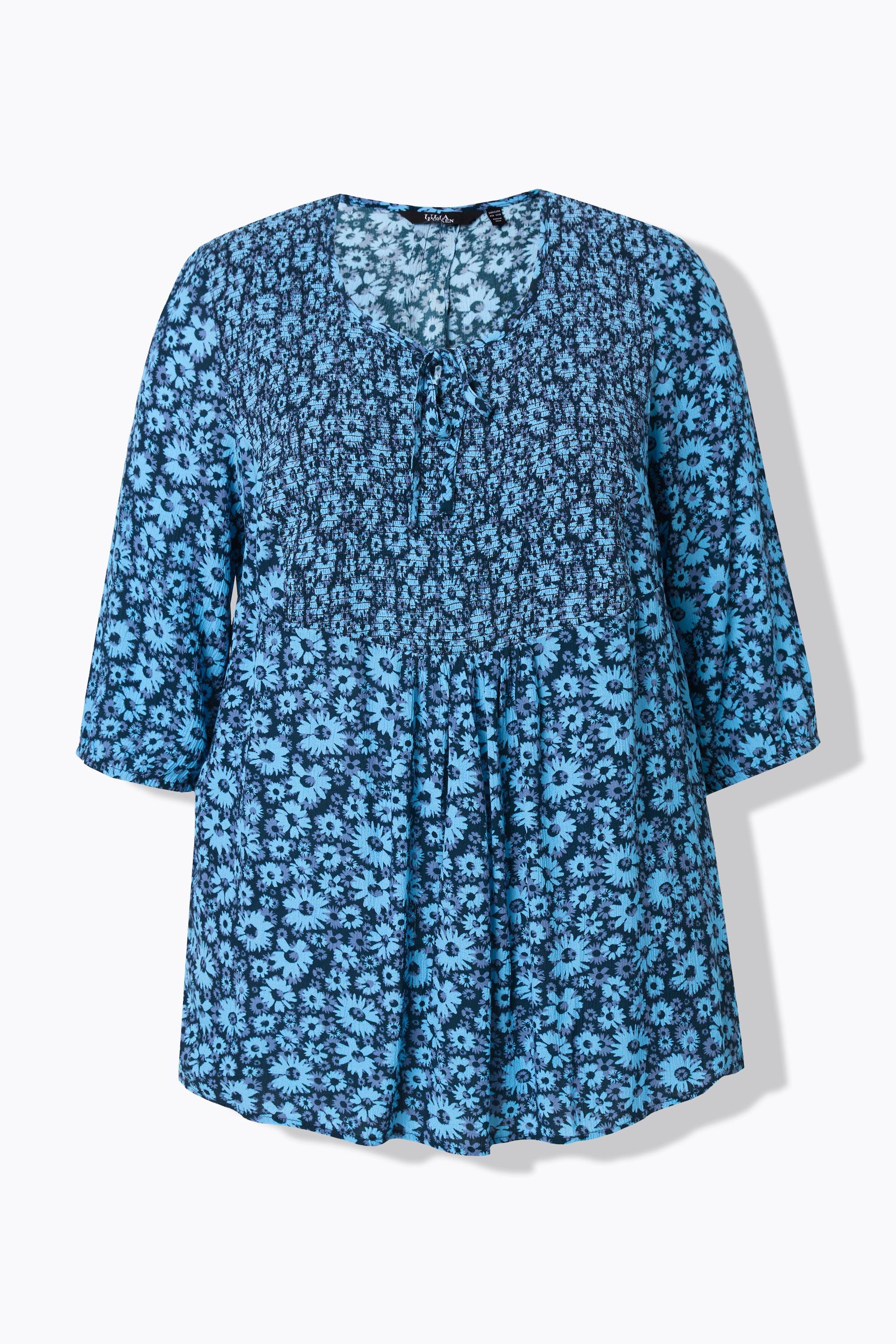 Ulla Popken  Blusa a punto smock con fiori, scollo a girocollo, laccetto e maniche a 3/4 