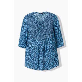 Ulla Popken  Blusa a punto smock con fiori, scollo a girocollo, laccetto e maniche a 3/4 