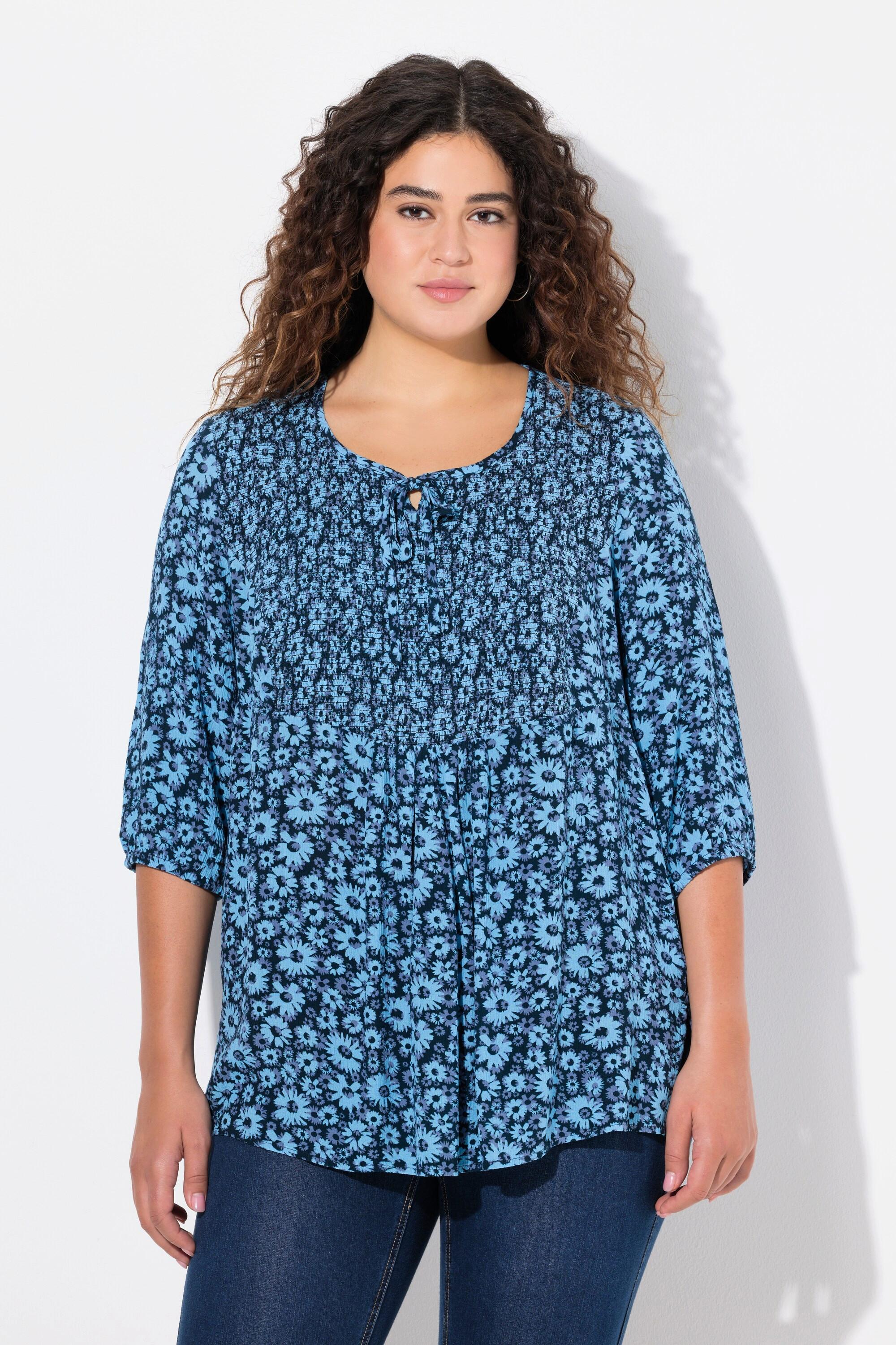 Ulla Popken  Blusa a punto smock con fiori, scollo a girocollo, laccetto e maniche a 3/4 