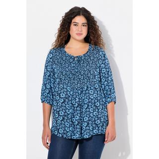 Ulla Popken  Blusa a punto smock con fiori, scollo a girocollo, laccetto e maniche a 3/4 