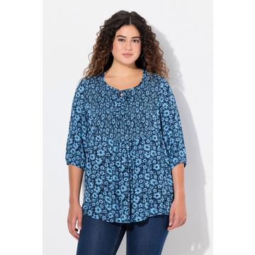 Blusa a punto smock con fiori, scollo a girocollo, laccetto e maniche a 3/4