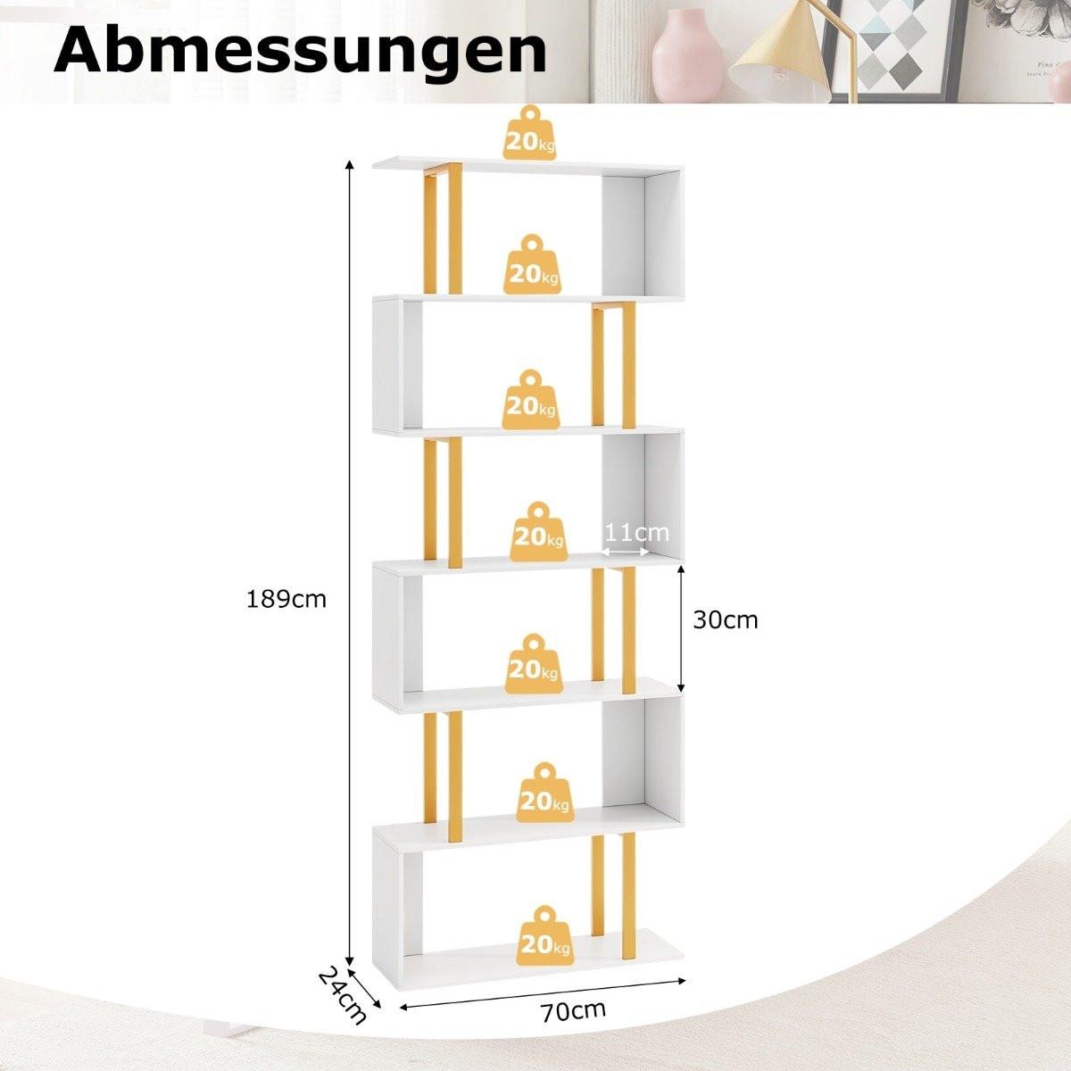 B2X S-förmiges Bücherregal mit 6 Ebenen Standregal Raumteiler Aufbewahrungsregal 70 x 24 x 189 cm  