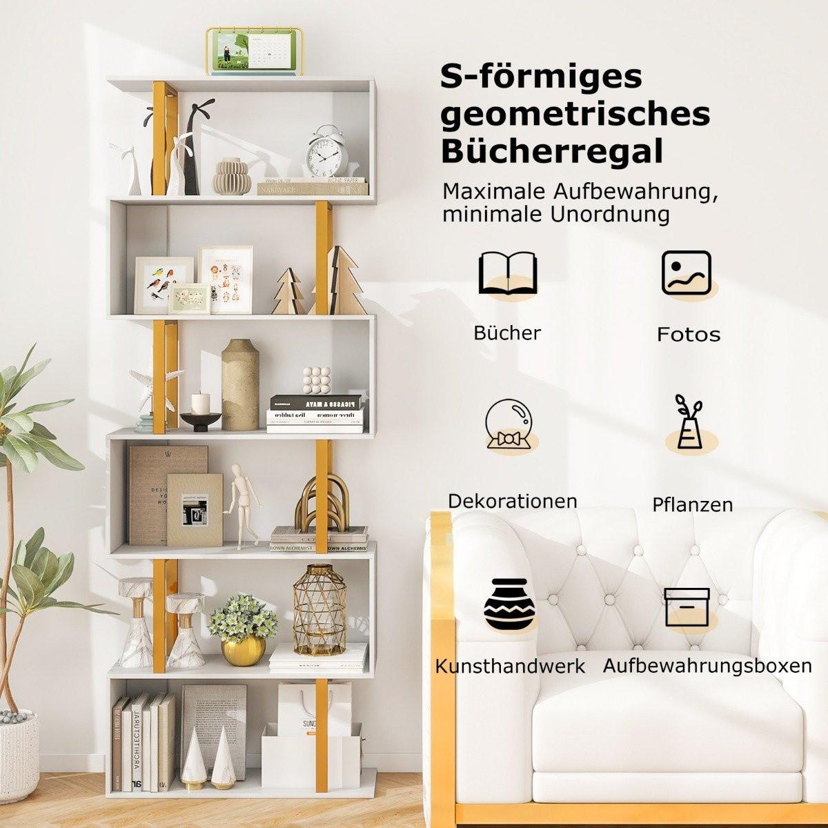 B2X S-förmiges Bücherregal mit 6 Ebenen Standregal Raumteiler Aufbewahrungsregal 70 x 24 x 189 cm  