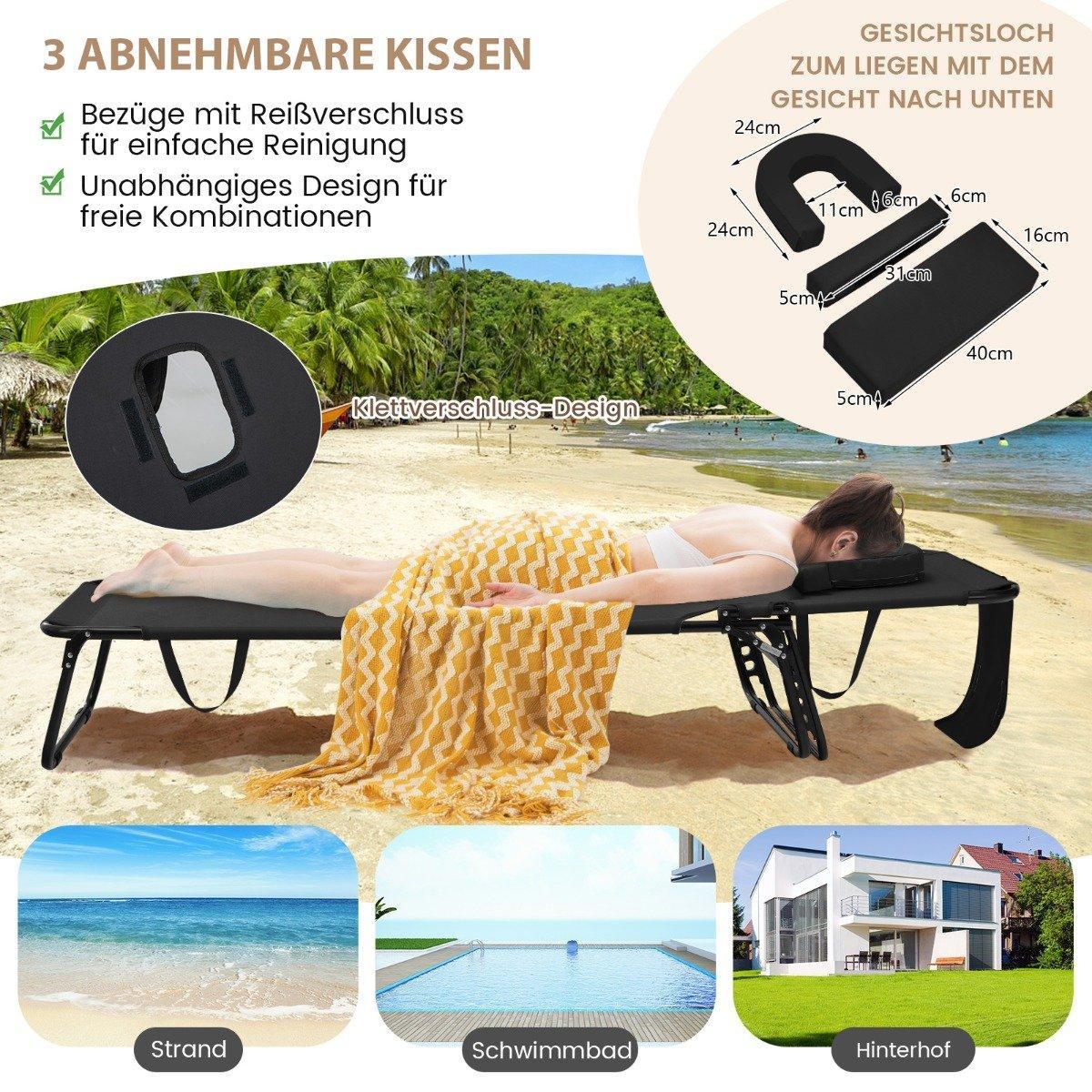 Northix Chaise longue pliante avec ouverture pour le visage, 3 coussins et dossier réglable en 5 directions, noir  