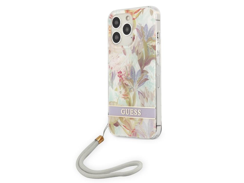 GUESS  Coque iPhone 13 Pro Flowers avec lanière 