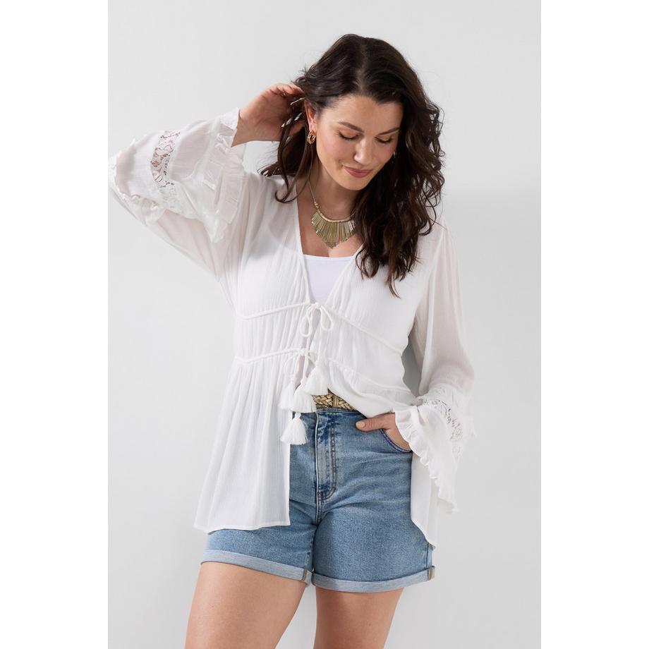 Blouse Cache-Maillot Transparente avec Manches Évasées et Lien à Pampilles