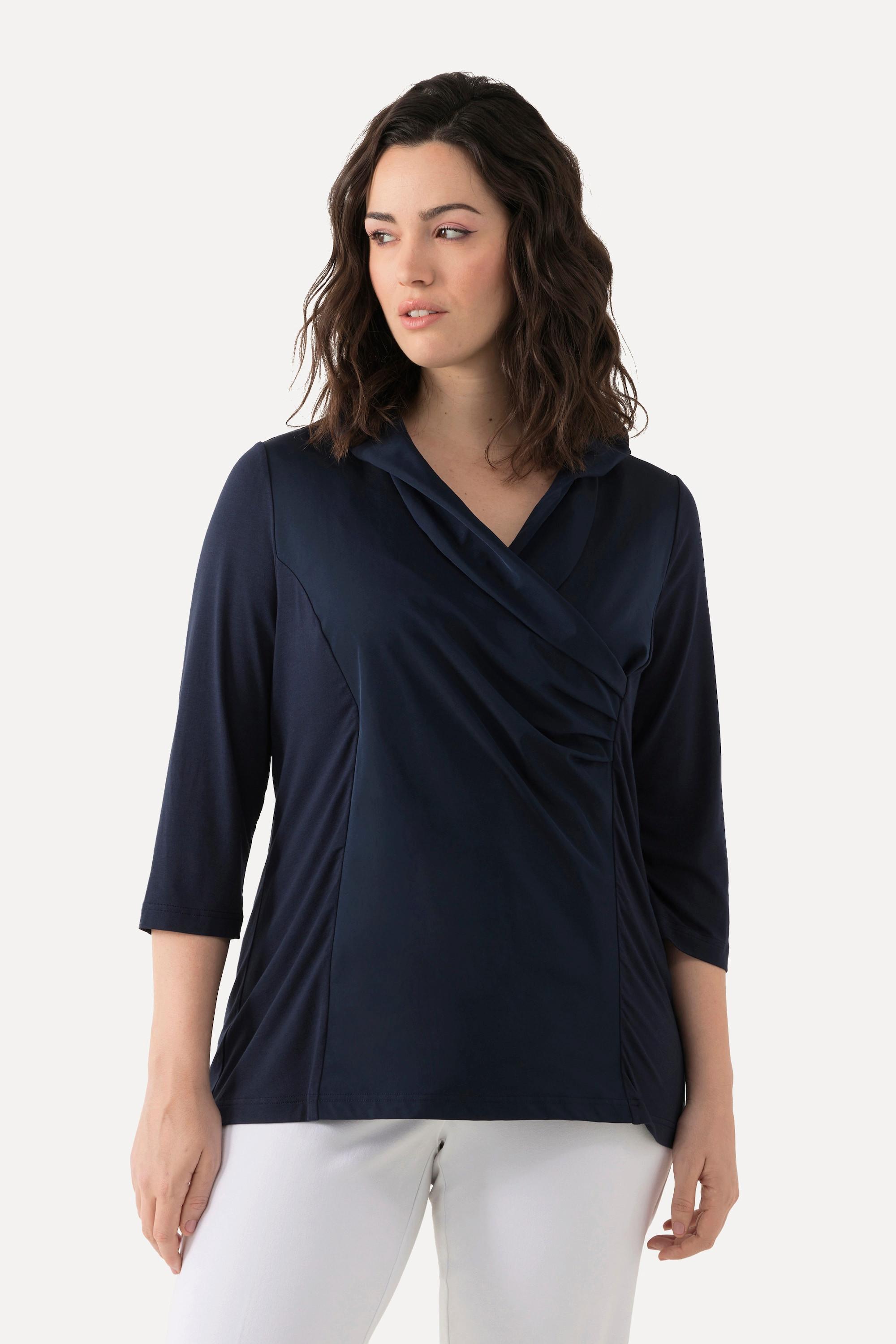 Ulla Popken  Blouse collection Classic, décolleté en V et manches 3/4, col en taffetas 