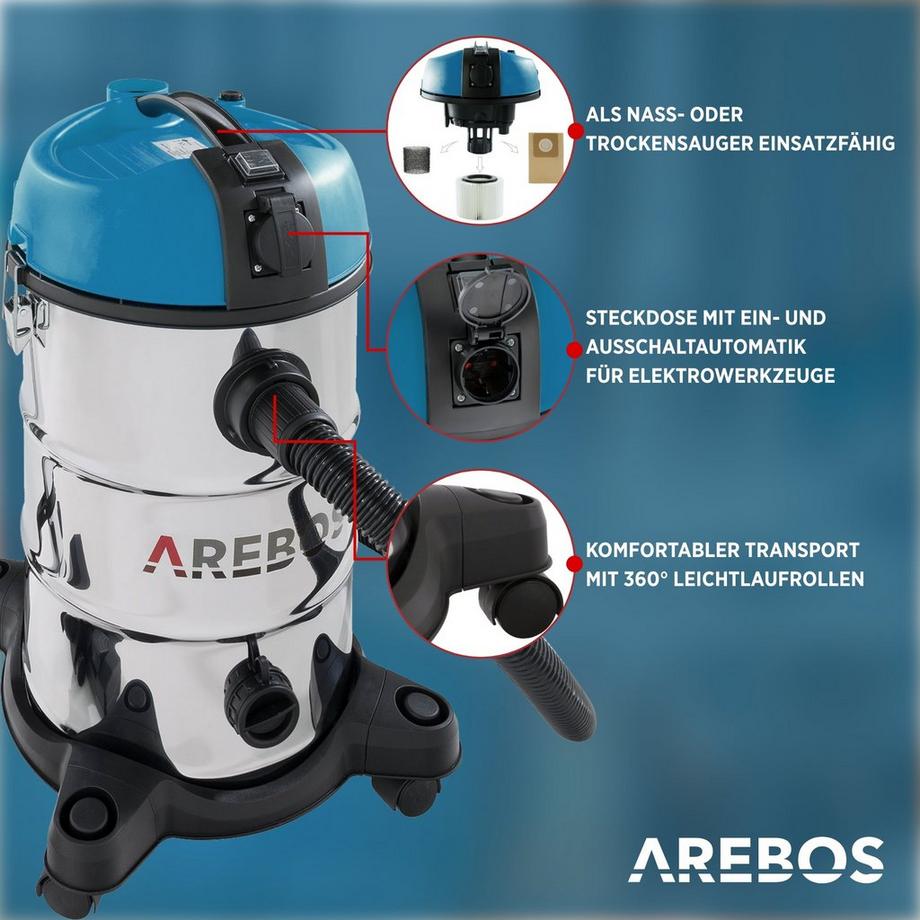 Arebos Industriestaubsauger 5IN1 Staubsauger Nass Trocken 1300 W 30 L  