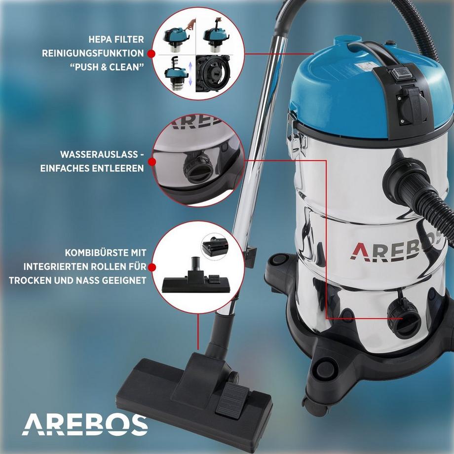 Arebos Industriestaubsauger 5IN1 Staubsauger Nass Trocken 1300 W 30 L  