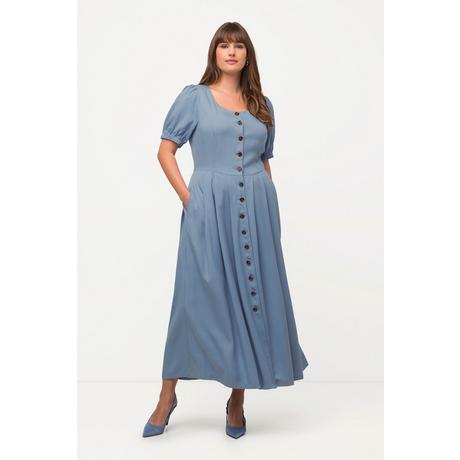 Ulla Popken  Abito midi con tencel, effetto jeans, scollo a girocollo e mezze maniche a sbuffo 