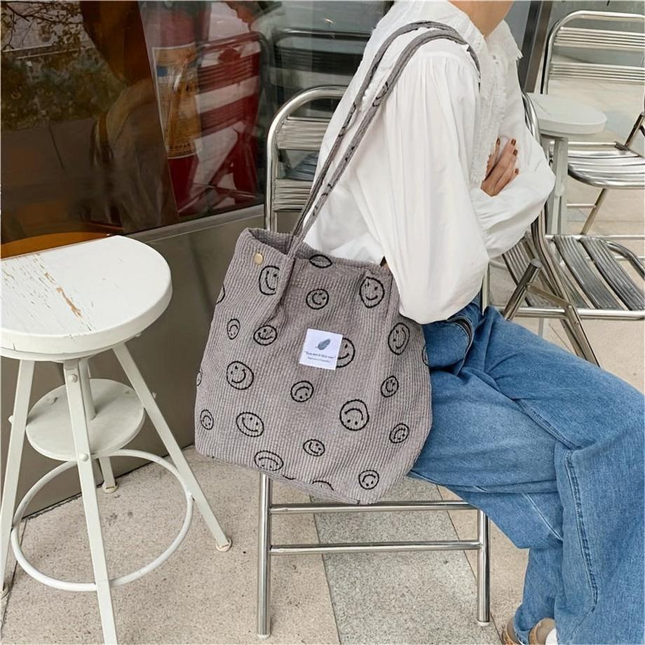 Only-bags.store Sac fourre-tout rétro en velours côtelé imprimé visage souriant  