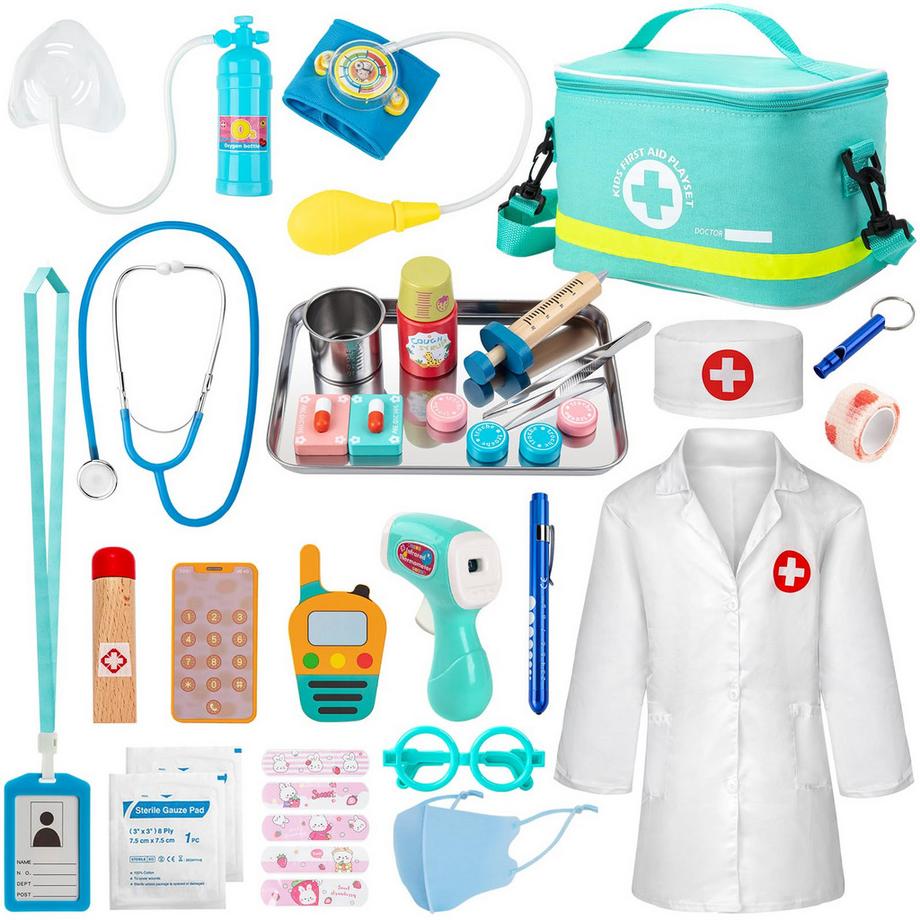 Kinderspielset, Arztkoffer mit echtem Stethoskop, Thermometer, Arztkittel und tragbarer Arzttasche