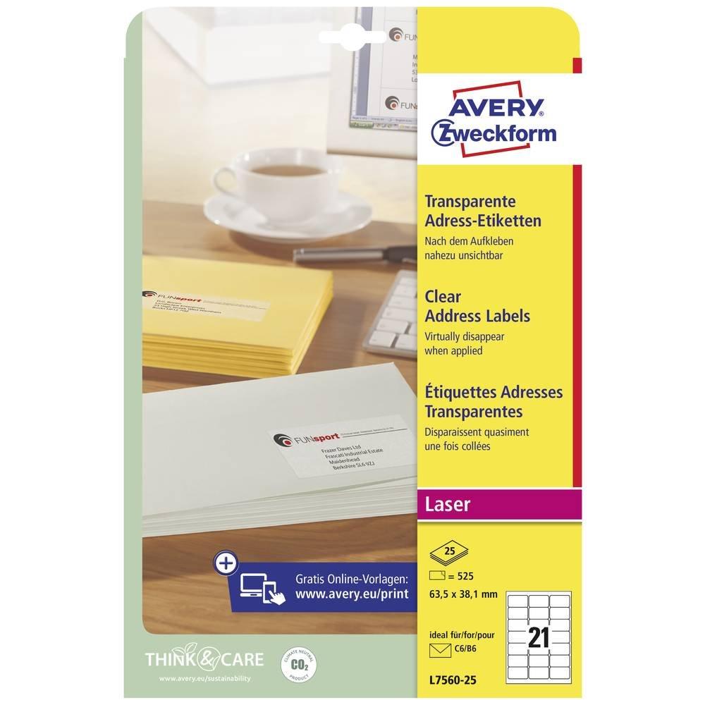 Avery-Zweckform Adress-Etiketten 63.5 x 38.1 mm Polyester-Folie Transparent 525 St. Permanent haftend Tintenstr  