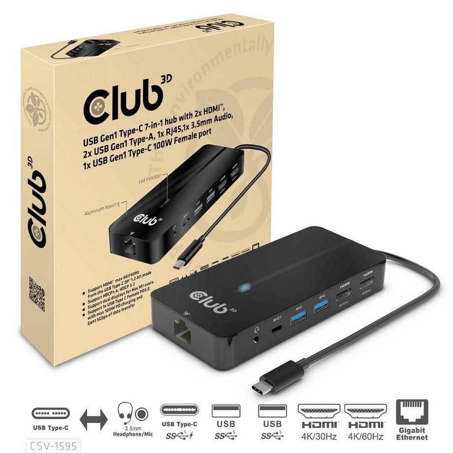 Club3D  USB Gen1 Type-C 7-in-1 hub with 2x HDMI, 2x USB Gen1 Type-A, 1x RJ45, 1x 3.5mm Audio, 1x USB Gen1 Type-C 100W Female port 