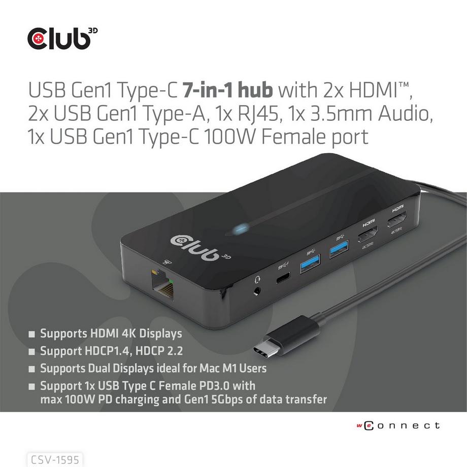 Club3D  USB Gen1 Type-C 7-in-1 hub with 2x HDMI, 2x USB Gen1 Type-A, 1x RJ45, 1x 3.5mm Audio, 1x USB Gen1 Type-C 100W Female port 