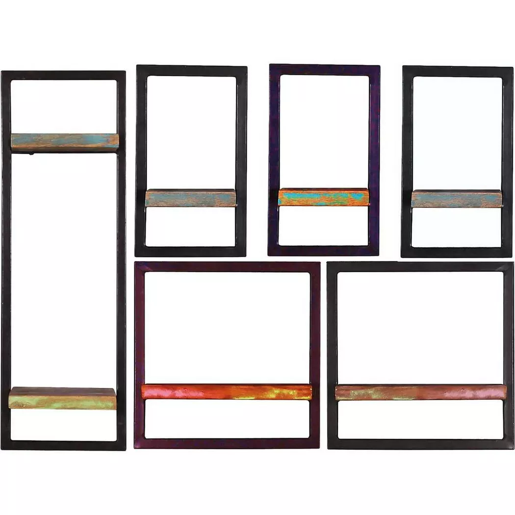 SIT Wandregal "Yokohama 6-teilig aus Altholz mit schwarzem Metallrahmen" Set, 3 schmale, 2 breite & 1 hohes Wandregal für flexible Gestaltung