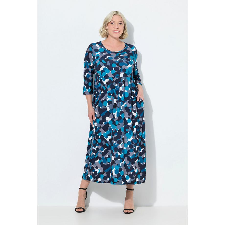 Ulla Popken Robe en jersey Imprimé pois Col rond Manches 3/4 Coupe évasée  