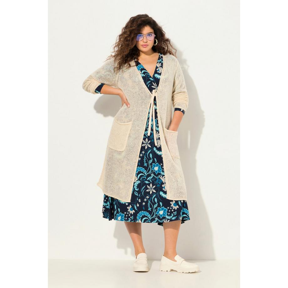 Ulla Popken Long Strickjacke Bindeband V-Ausschnitt Rollkanten  