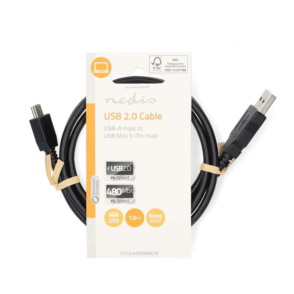 Nedis  Câble USB | USB 2.0 | USB-A mâle | USB Mini-B 5 broches mâle | 480 Mbps | Nickelé | 1.00 m | Rond | PVC | Noir | Etiquette 