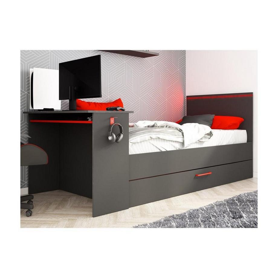 Vente-unique Ausziehbett Gamer mit Schreibtisch & LEDs + Lattenrost  - 2 x 90 x 200 cm - Anthrazit & Rot - VOUANI  