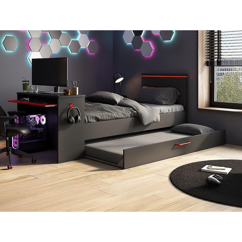 Vente-unique Ausziehbett Gamer mit Schreibtisch & LEDs + Lattenrost  - 2 x 90 x 200 cm - Anthrazit & Rot - VOUANI  