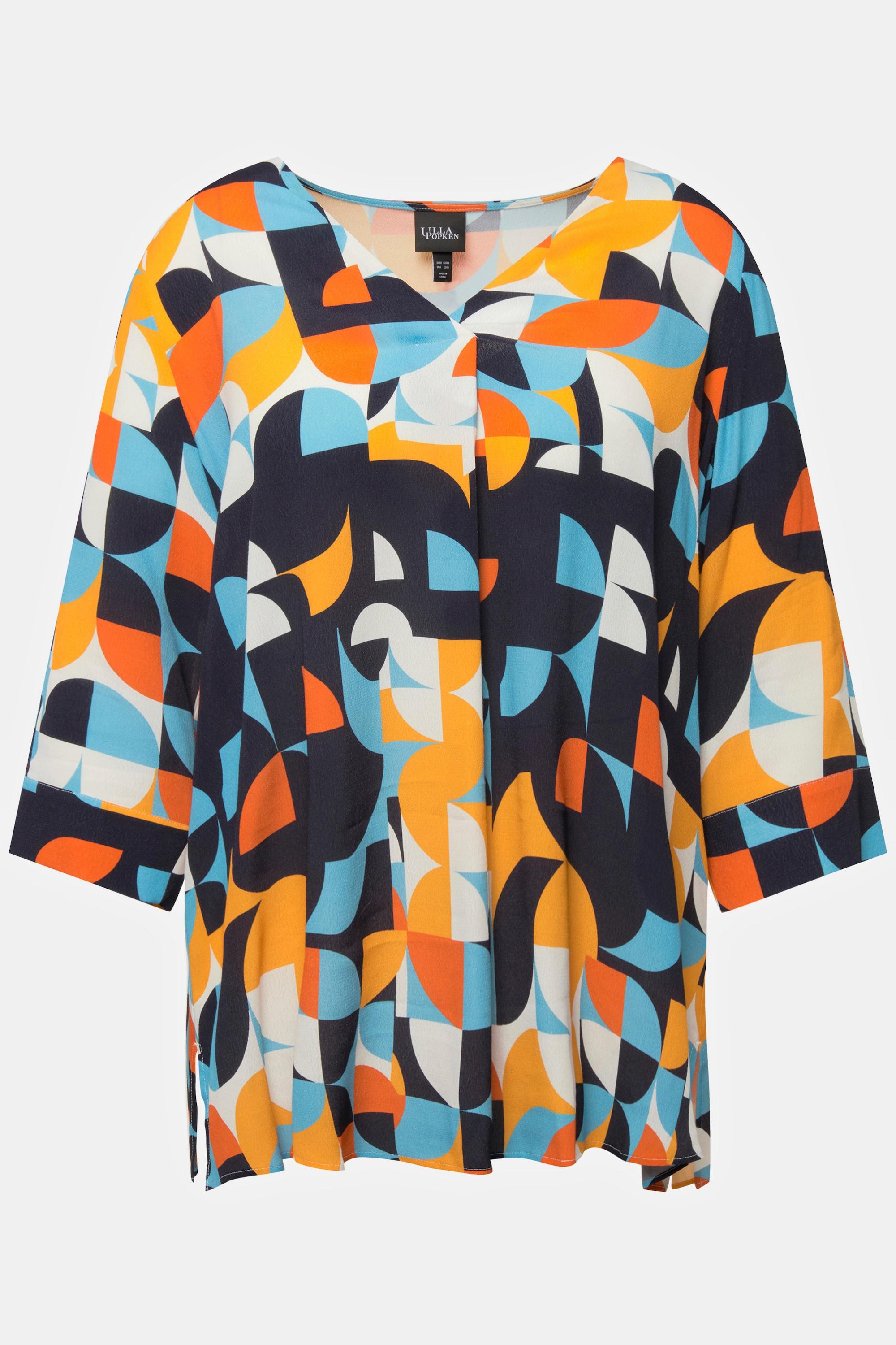 Ulla Popken  Blouse, imprimé graphique, col rond, manches 3/4, crêpe 