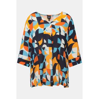 Ulla Popken  Blouse, imprimé graphique, col rond, manches 3/4, crêpe 