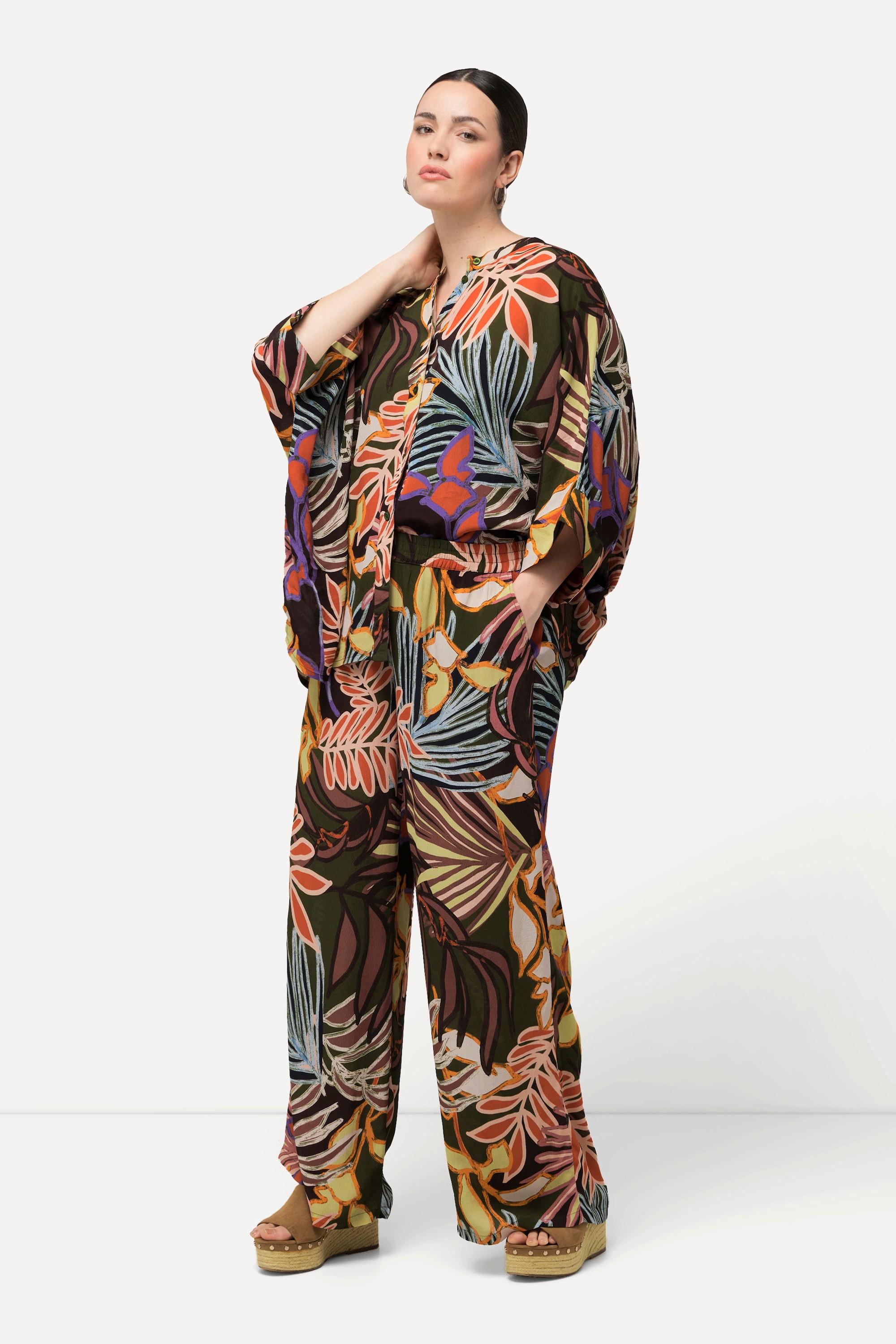 Ulla Popken Pantaloni Foglie Taglio Gamba Ampio Cintura Elastica  