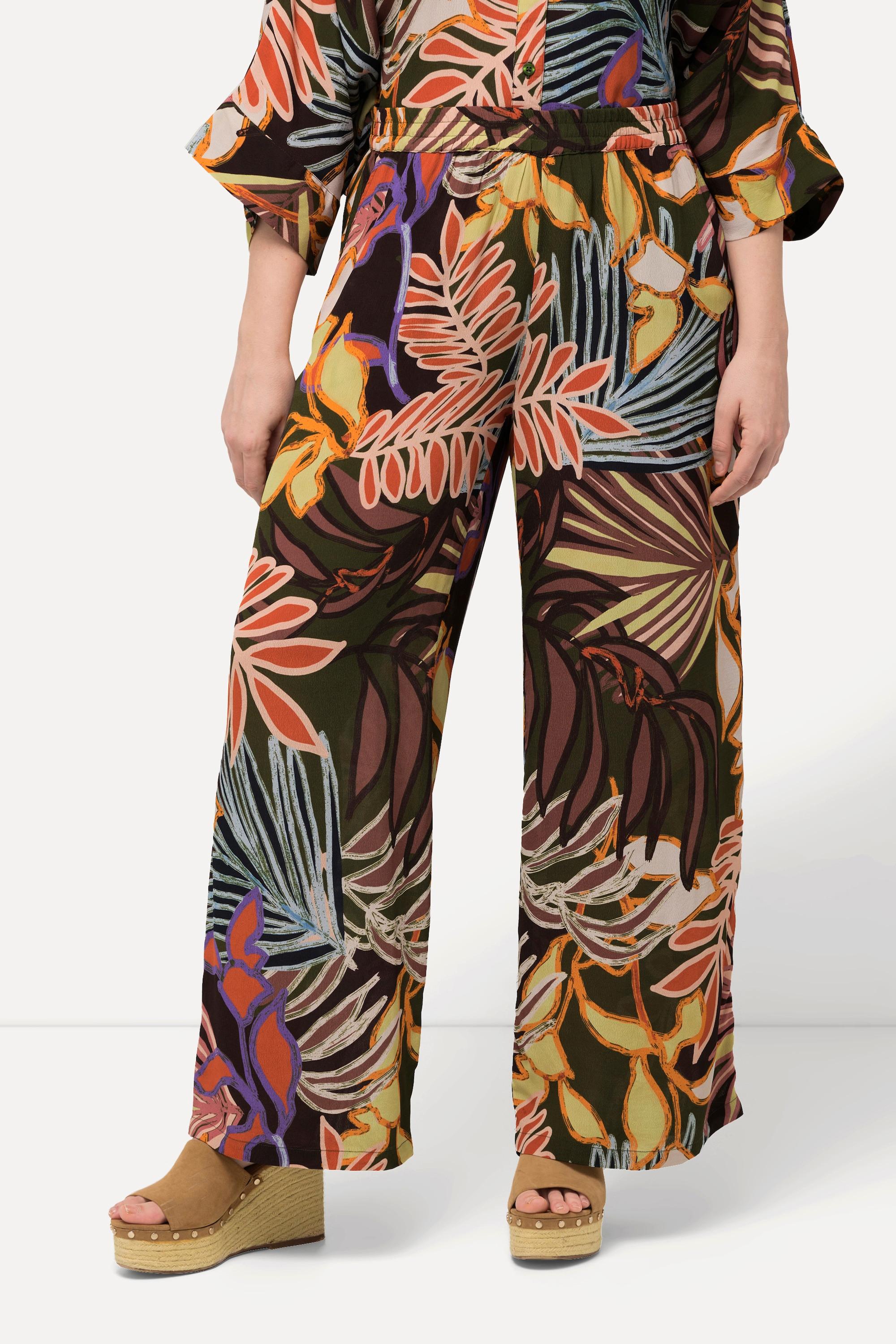 Ulla Popken Pantaloni Foglie Taglio Gamba Ampio Cintura Elastica  